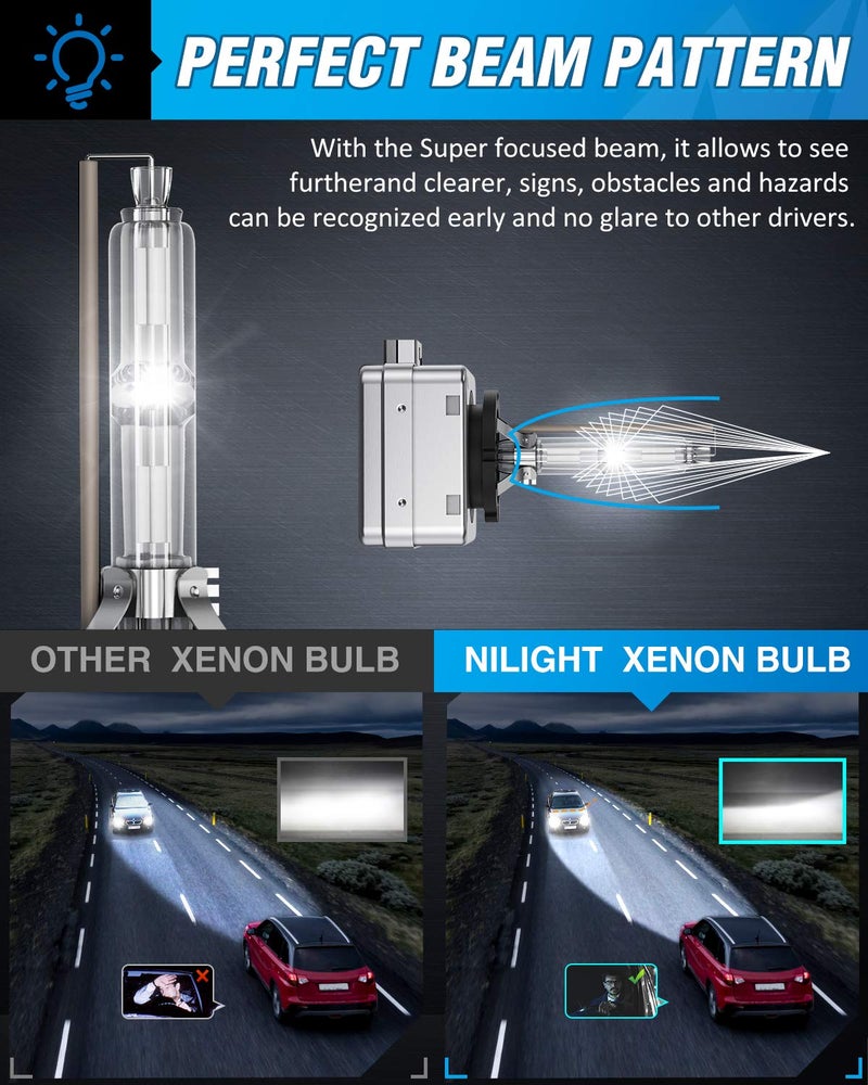 Nilight Nilight D3S HID Bulbs, 6000K Diamond White Xenon Replacement D3S HID Headlight Bulb,350% Lighting Distance Super Bright High for 12V Cars, IP67 Design with Metal Stents Base, 2 Years Warranty  - Image 2