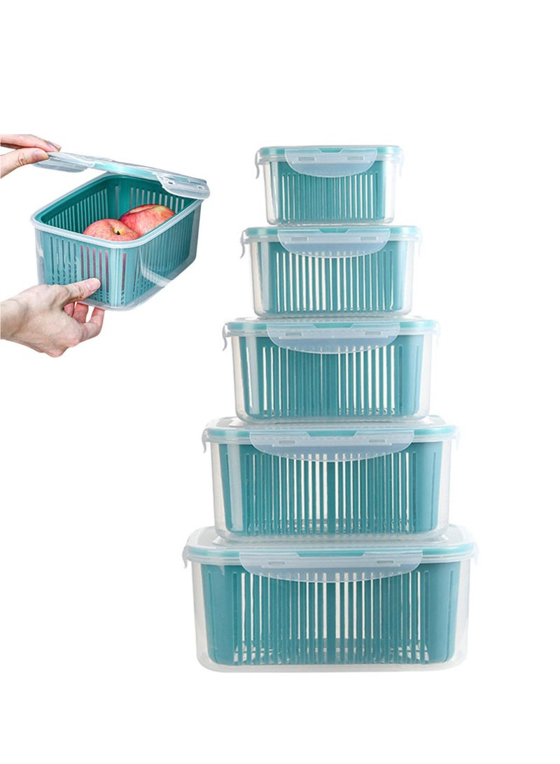 Arabest 5 Pack Fruit Storage Containers for Fridge Produce Saver Containers for Refrigerator with Drain Colander Plastic Produce Keepers Refrigerator Organizer for Vegetable Berry Salad Lettuce (Blue) - Image 4