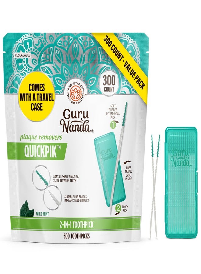 GuruNanda 2-in-1 QuickPik Toothpick & Interdental Pick – Soft Rubber Bristles for Plaque Removal & Improved Oral Care, Comes with a Travel Case for On-The-Go Use, 300 Ct - Image 1