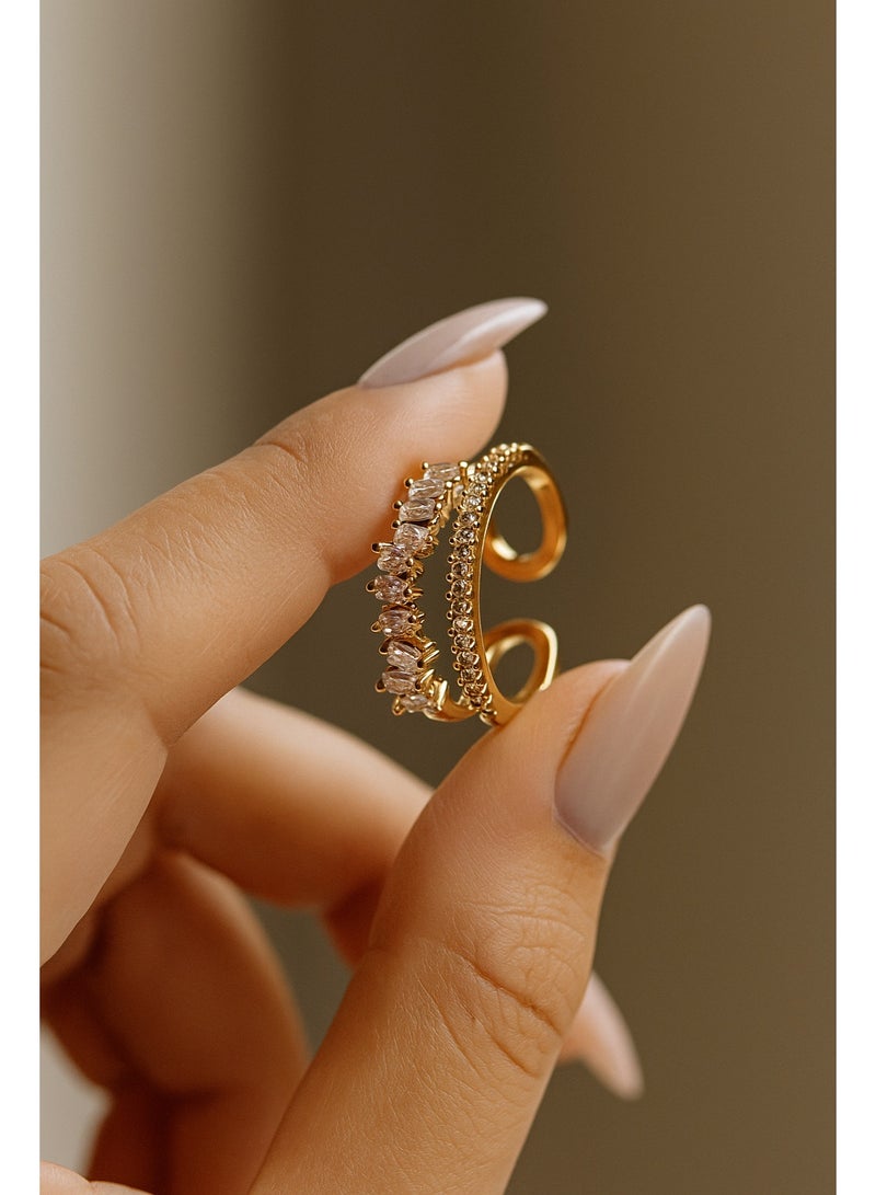 ثري دايموندز خاتم دهبي مطلي ذهب بتصميم مزدوج – فصوص زيركون مربعة ودائرية، فخامة وأناقة لا تقاوم - Image 2