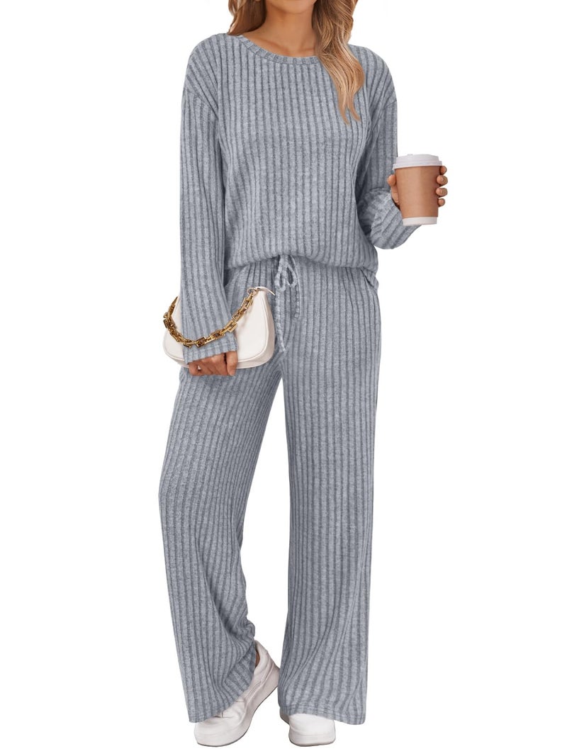 LILLUSORY Womens Lounge Sets 2 Piece Matching Pajamas Fall Fashion 2026 Ribbed Knit Outfits Long Sleeve Casual Sweatsuits Trendy Plus Size Sweaters Cute Sleep Wears Travel Soft Clothes Grey XL - Image 1
