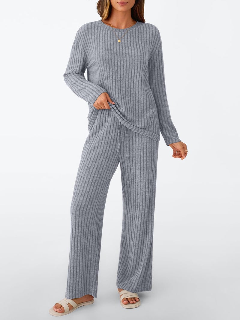 LILLUSORY Womens Lounge Sets 2 Piece Matching Pajamas Fall Fashion 2026 Ribbed Knit Outfits Long Sleeve Casual Sweatsuits Trendy Plus Size Sweaters Cute Sleep Wears Travel Soft Clothes Grey XL - Image 2