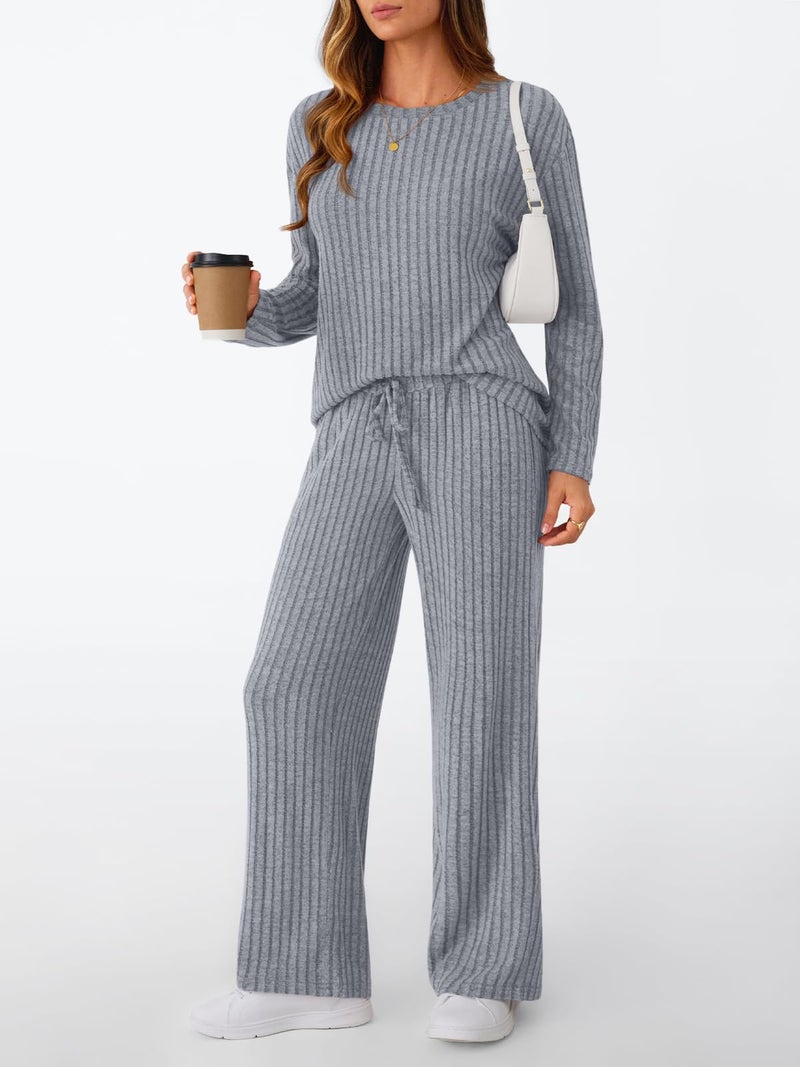 LILLUSORY Womens Lounge Sets 2 Piece Matching Pajamas Fall Fashion 2026 Ribbed Knit Outfits Long Sleeve Casual Sweatsuits Trendy Plus Size Sweaters Cute Sleep Wears Travel Soft Clothes Grey XL - Image 3