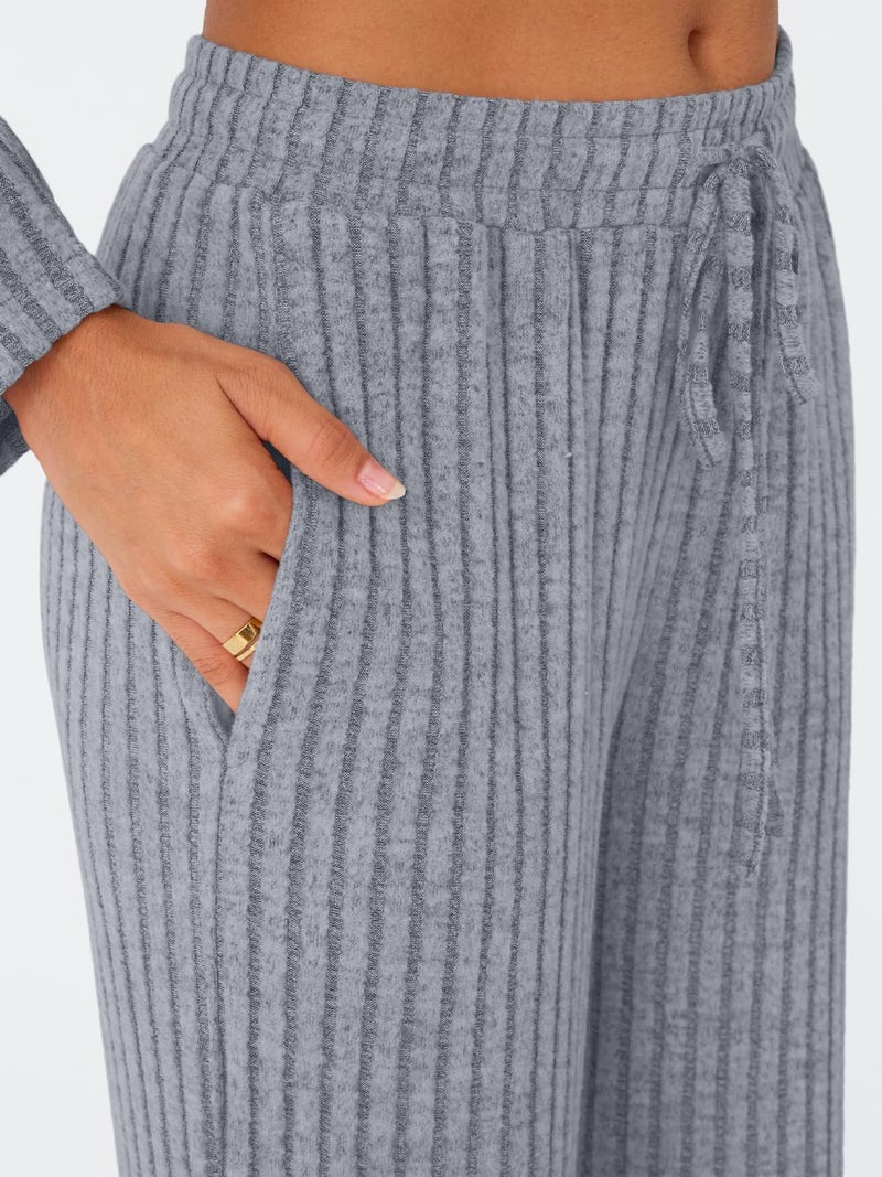 LILLUSORY Womens Lounge Sets 2 Piece Matching Pajamas Fall Fashion 2026 Ribbed Knit Outfits Long Sleeve Casual Sweatsuits Trendy Plus Size Sweaters Cute Sleep Wears Travel Soft Clothes Grey XL - Image 5