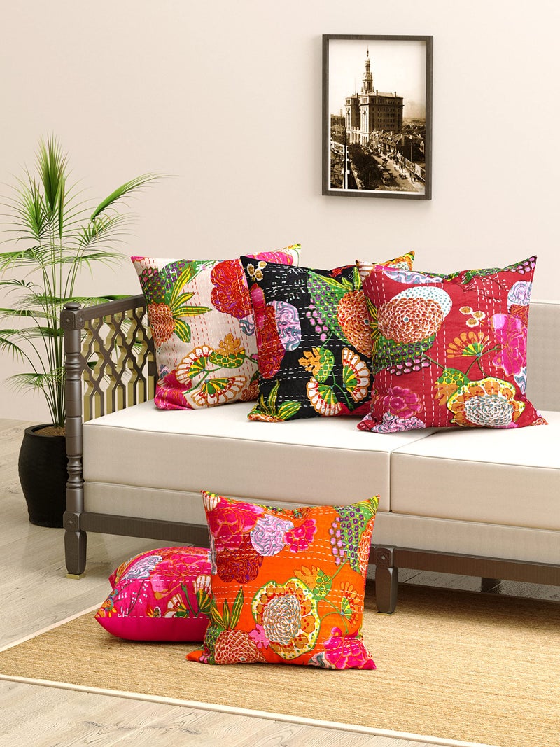STLYZ Round Rajasthani Cushion Cover 16x16 inch Embroidered Ethnic Khadi Round Cushion Cover Elephant Design Set of 5 Multicolor, 16x16 Inch (Pack of 5) (Multi Square) - Image 1