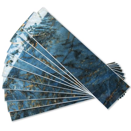 AULIGET 40-Piece Polished Blue Marble Peel and Stick Backsplash Wall Tiles, 3" x 12" PVC Faux Stone Stick on Tiles for Backsplash Kitchen, Bathroom, Laundry Room, Camper, Fireplace - Image 1