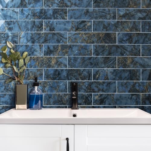 AULIGET 40-Piece Polished Blue Marble Peel and Stick Backsplash Wall Tiles, 3" x 12" PVC Faux Stone Stick on Tiles for Backsplash Kitchen, Bathroom, Laundry Room, Camper, Fireplace - Image 5