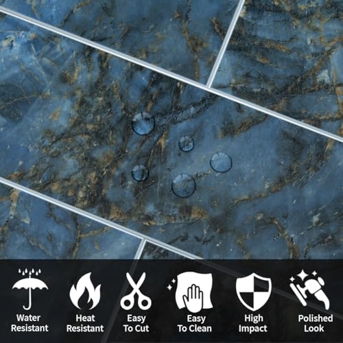 AULIGET 40-Piece Polished Blue Marble Peel and Stick Backsplash Wall Tiles, 3" x 12" PVC Faux Stone Stick on Tiles for Backsplash Kitchen, Bathroom, Laundry Room, Camper, Fireplace - Image 4