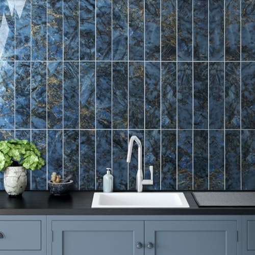 AULIGET 40-Piece Polished Blue Marble Peel and Stick Backsplash Wall Tiles, 3" x 12" PVC Faux Stone Stick on Tiles for Backsplash Kitchen, Bathroom, Laundry Room, Camper, Fireplace - Image 3