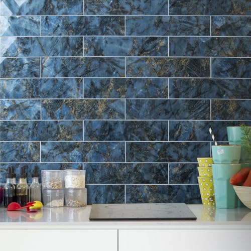 AULIGET 40-Piece Polished Blue Marble Peel and Stick Backsplash Wall Tiles, 3" x 12" PVC Faux Stone Stick on Tiles for Backsplash Kitchen, Bathroom, Laundry Room, Camper, Fireplace - Image 2