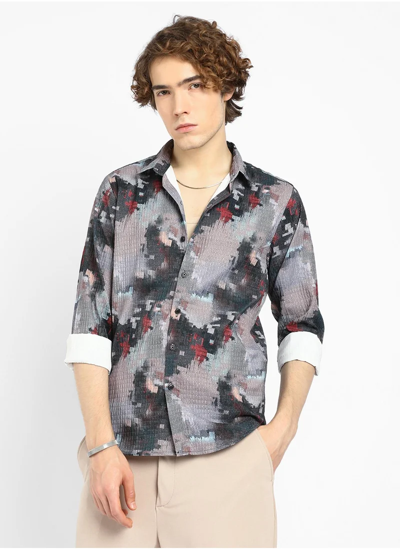 كامبوس سوترا Men's Charcoal Grey & Venetian Red Artistic-Blur Shirt