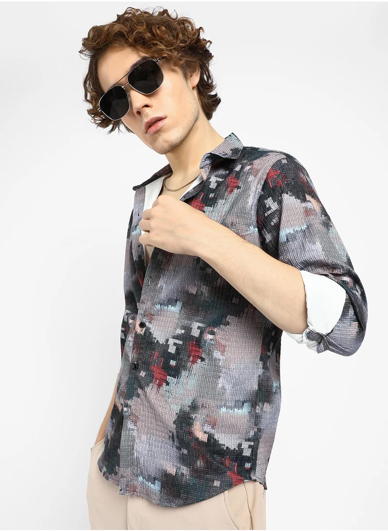 كامبوس سوترا Men's Charcoal Grey & Venetian Red Artistic-Blur Shirt