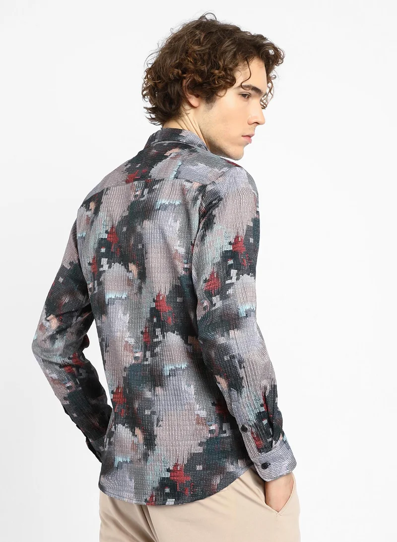 كامبوس سوترا Men's Charcoal Grey & Venetian Red Artistic-Blur Shirt