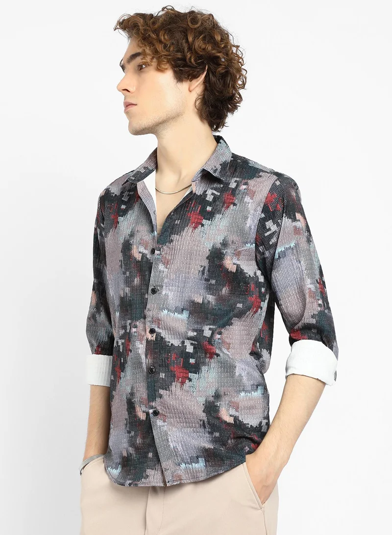 كامبوس سوترا Men's Charcoal Grey & Venetian Red Artistic-Blur Shirt