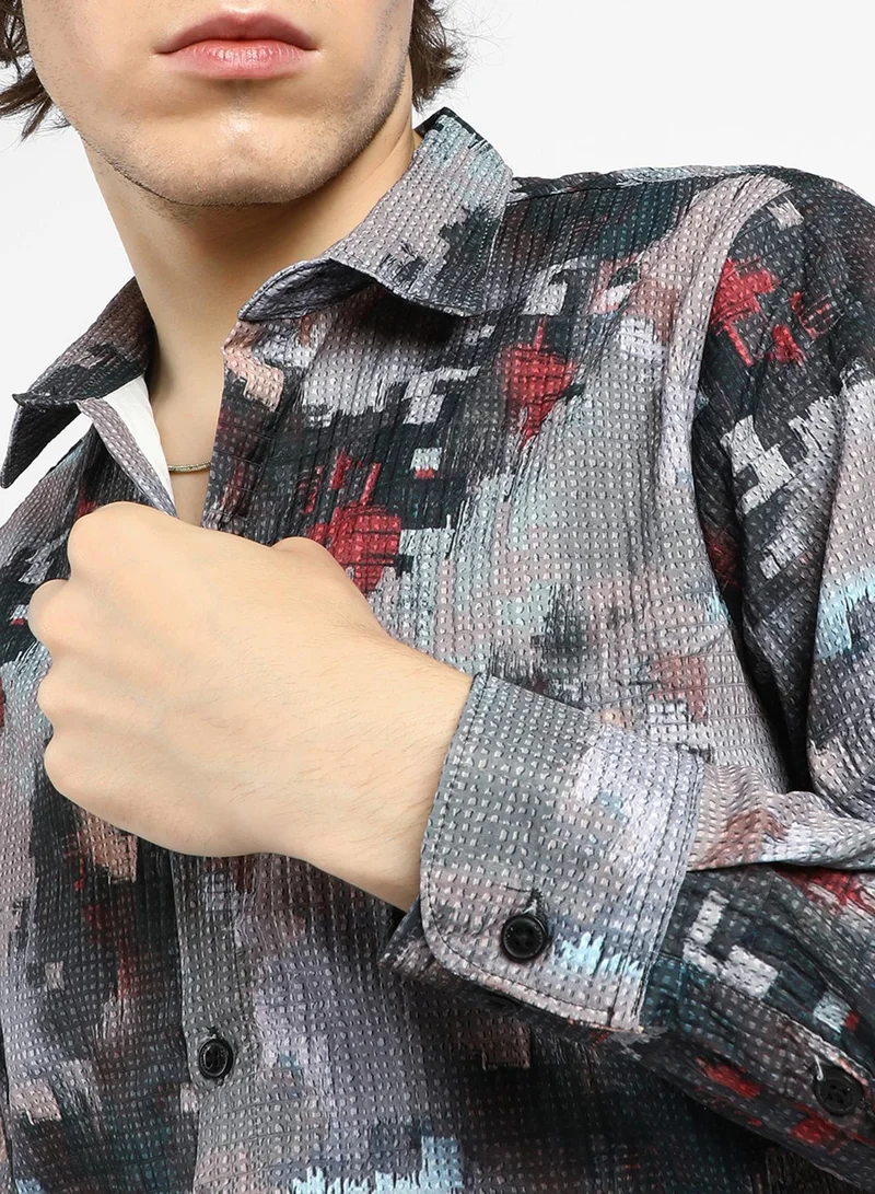 كامبوس سوترا Men's Charcoal Grey & Venetian Red Artistic-Blur Shirt