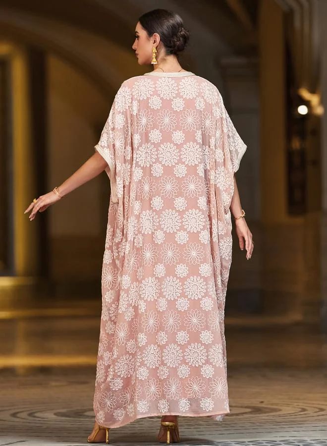 Take Two pink Women Rhinestone Embellished Flower Patch Belted Jalabiya for Women | Best Price UAE