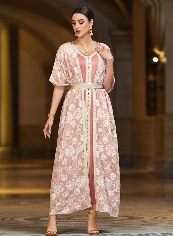 Take Two Women Rhinestone Embellished Flower Patch Belted Jalabiya