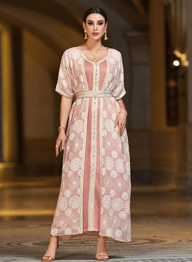 Take Two Women Rhinestone Embellished Flower Patch Belted Jalabiya