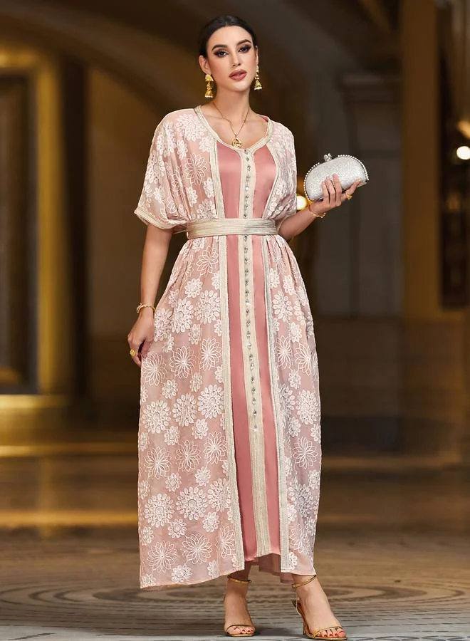 Take Two pink Women Rhinestone Embellished Flower Patch Belted Jalabiya for Women | Best Price UAE