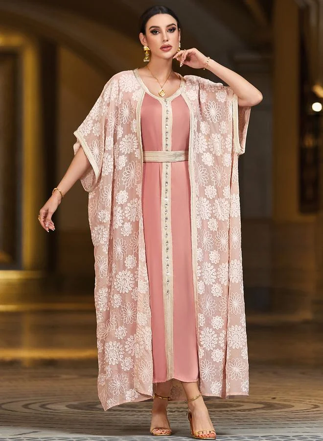Take Two pink Women Rhinestone Embellished Flower Patch Belted Jalabiya for Women | Best Price UAE