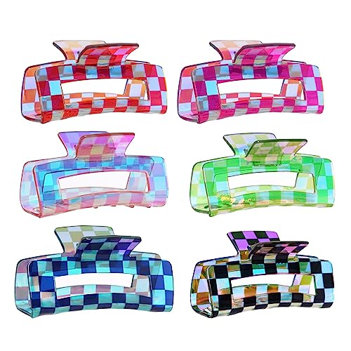 baotongle 6pcs Checkered Hair Claw Clips for Thin Thick Hair Checkered Hair Clips Acrylic Small Claw Clip with Strong Hold for Women Girls Long Short Hair(4.1x2.1'', Multicolor) - Image 1