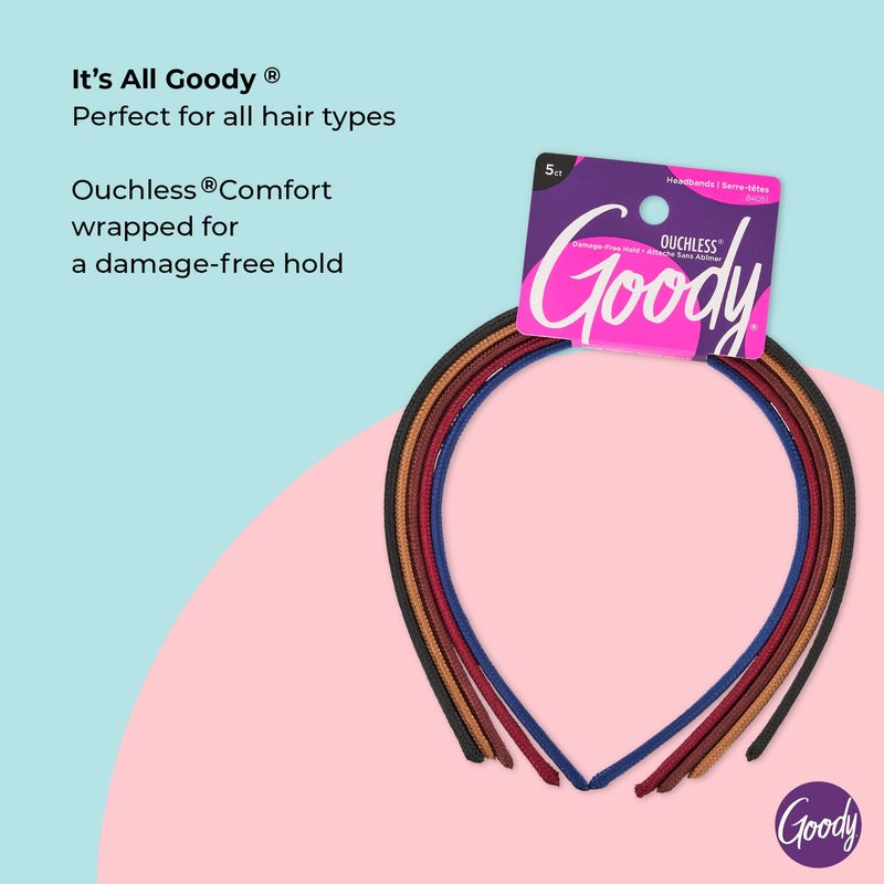 Goody Ouchless Shoestring Headbands, 5 Ct, Assorted Colors, Stylish & Lightweight Thin, Damage-Free Fabric Headbands for Women & Men, All-Day Comfort, For All Occasions, All Hair Types - Image 3