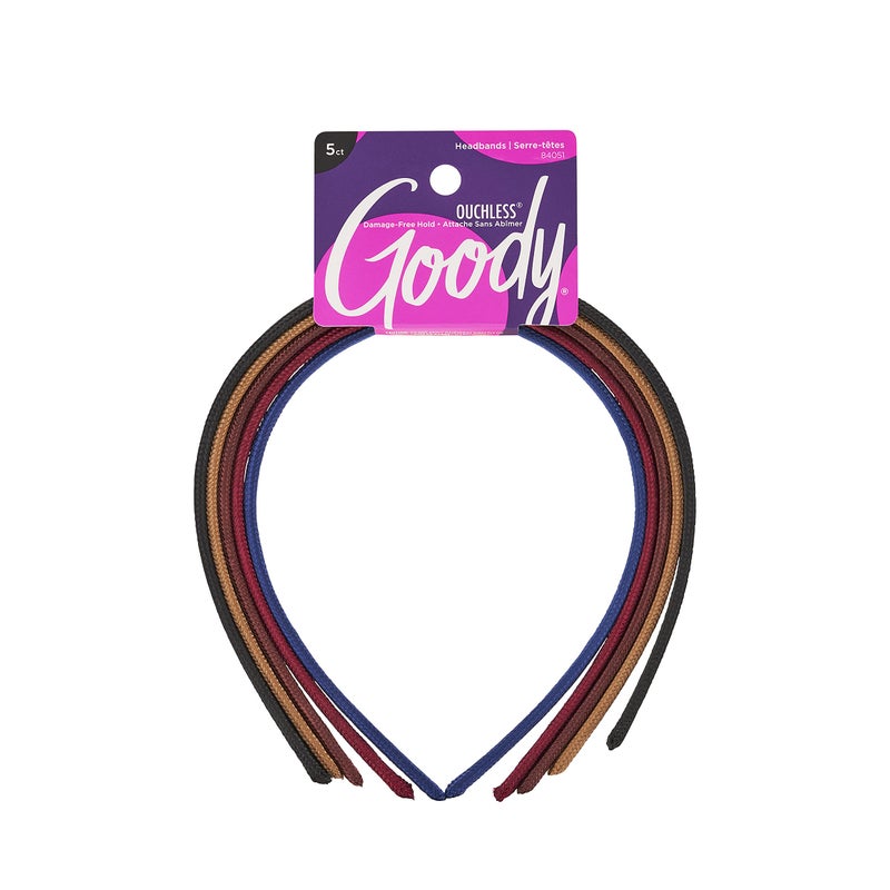 Goody Ouchless Shoestring Headbands, 5 Ct, Assorted Colors, Stylish & Lightweight Thin, Damage-Free Fabric Headbands for Women & Men, All-Day Comfort, For All Occasions, All Hair Types - Image 1