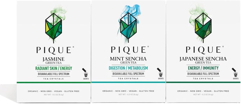 Pique Tea Organic Green Tea Crystals Sampler - Immune Support, Gut Health, Fasting - 42 Single Serve Sticks (Pack of 3) - Image 1