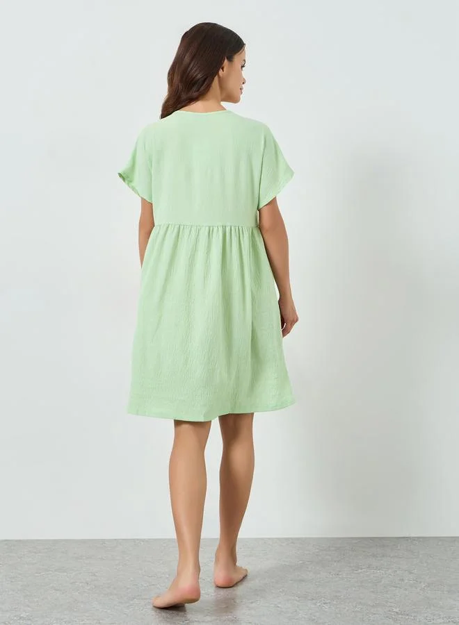 Styli  Green Supersoft Crinkle V Neck Buttoned Nightdress for Women | Best Price UAE