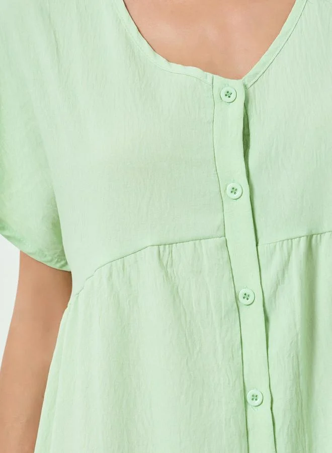 Styli  Green Supersoft Crinkle V Neck Buttoned Nightdress for Women | Best Price UAE