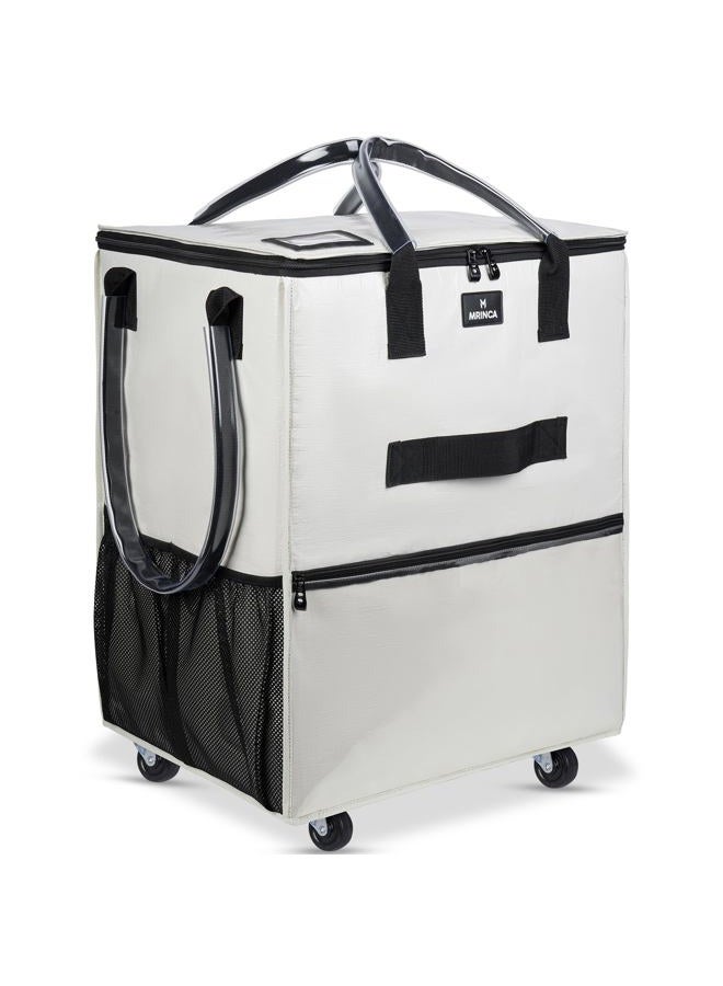 MRINCA Large Reusable Grocery Bag On Wheels, 130L Foldable Rolling Tote with 5 Wheels, Multiple Pockets, Zippered Top & Heavy Duty Handle, Lightweight Shopping Cart for Groceries, Travel, Beige - Image 1