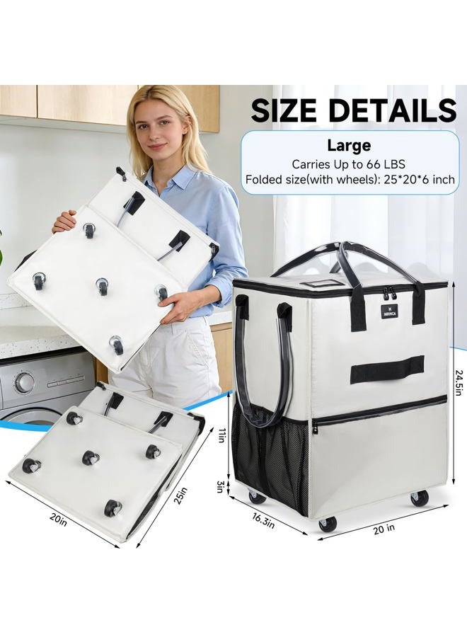 MRINCA Large Reusable Grocery Bag On Wheels, 130L Foldable Rolling Tote with 5 Wheels, Multiple Pockets, Zippered Top & Heavy Duty Handle, Lightweight Shopping Cart for Groceries, Travel, Beige - Image 2