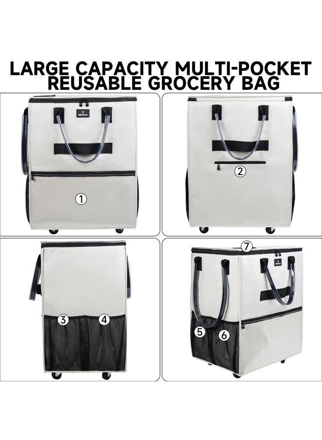 MRINCA Large Reusable Grocery Bag On Wheels, 130L Foldable Rolling Tote with 5 Wheels, Multiple Pockets, Zippered Top & Heavy Duty Handle, Lightweight Shopping Cart for Groceries, Travel, Beige - Image 3