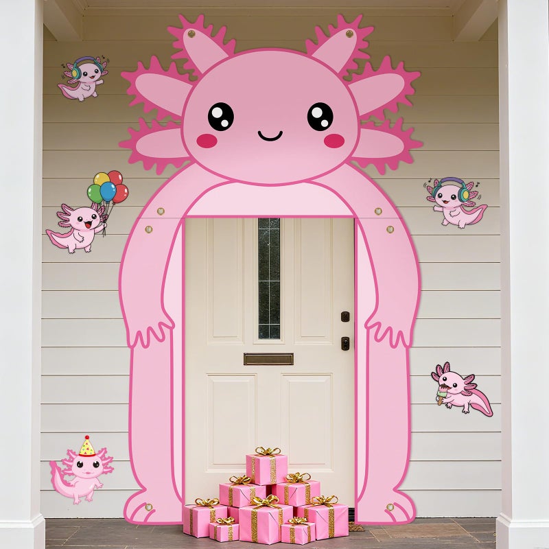 AKAIXI Axolotl Winter Birthday Party Decorations Pink Axolotl Door Cover Arch Decor Front Door Porch Banner Backdrop Wall Decor for Indoor Outdoor Yard Garage Cartoon Archway Baby Shower Party Supplies - Image 1