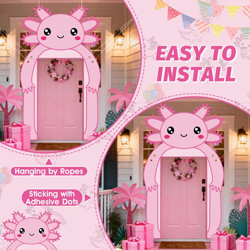 AKAIXI Axolotl Winter Birthday Party Decorations Pink Axolotl Door Cover Arch Decor Front Door Porch Banner Backdrop Wall Decor for Indoor Outdoor Yard Garage Cartoon Archway Baby Shower Party Supplies - Image 4