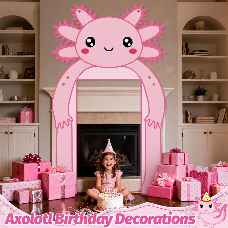 AKAIXI Axolotl Winter Birthday Party Decorations Pink Axolotl Door Cover Arch Decor Front Door Porch Banner Backdrop Wall Decor for Indoor Outdoor Yard Garage Cartoon Archway Baby Shower Party Supplies - Image 5