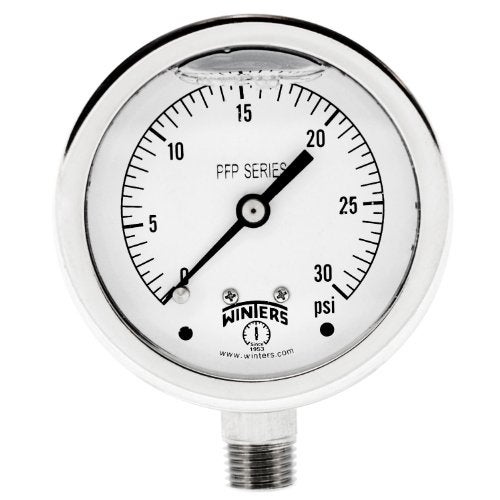 Winters Instruments Winters PFP Series Premium Stainless Steel 304 Single Scale Liquid Filled Pressure Gauge, 0-30 psi, 2-1/2" Dial Display, +/-1.5% Accuracy, 1/4" NPT Bottom Mount - Image 3