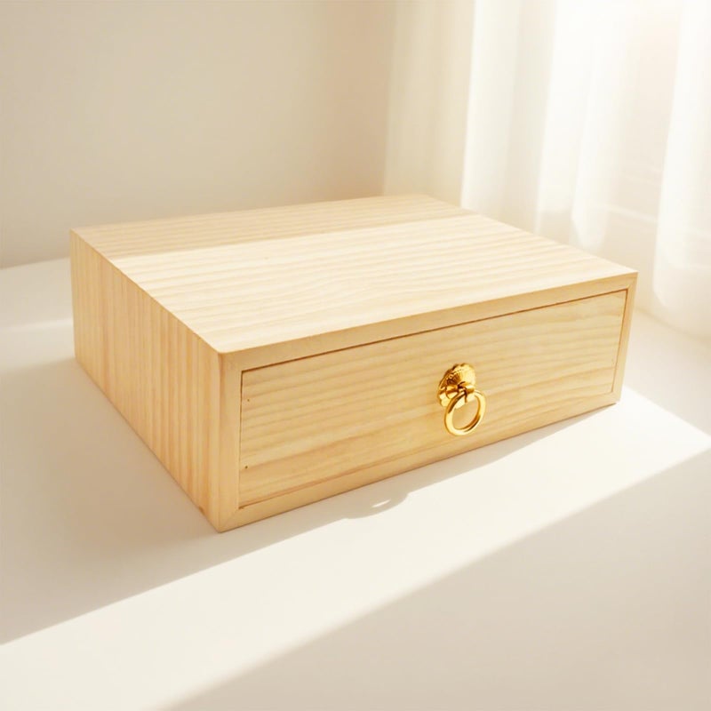 LONG TAO Natural Wooden Storage Box Desk Drawer Single Wood Cabinet Organizer Drawer Tabletop Storage Organization Box with Metal Handle for Desk Home Office Counter Craft Decor (1 Drawer) - Image 3