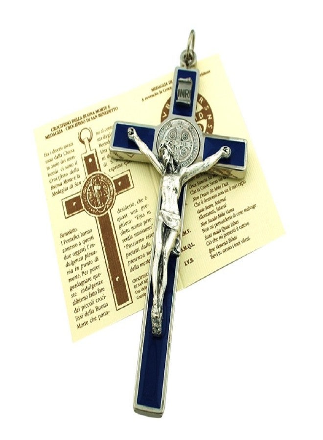 VENERARE Vatican Imports St. Benedict Wall Crucifix with Colored Enamel and Booklet Explaining The St. Benedict Medal (Blue) - Image 1