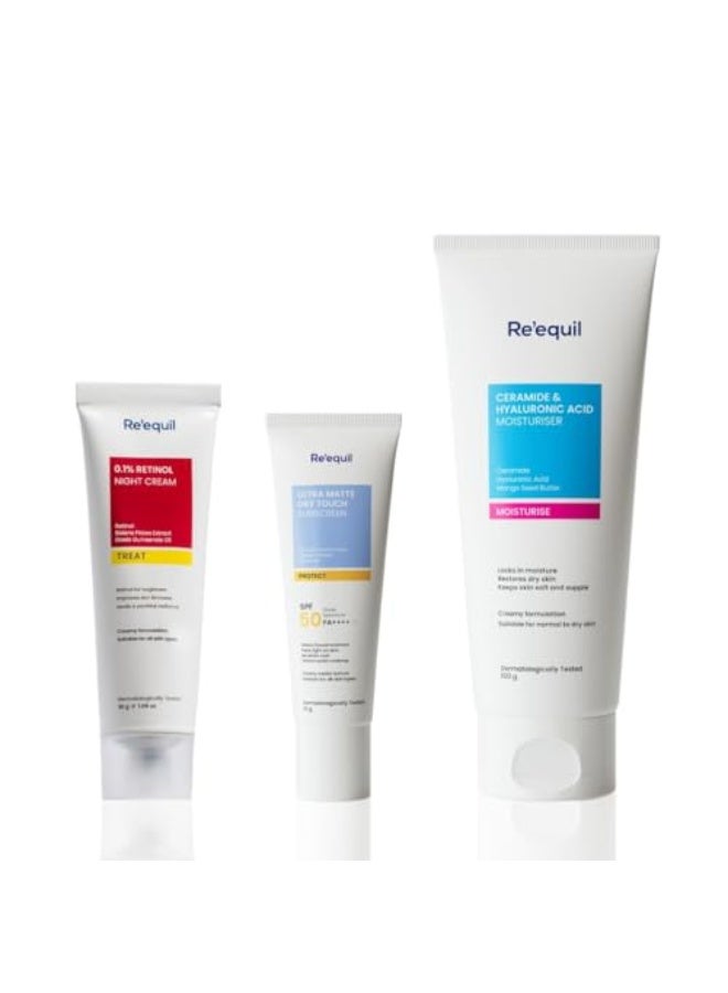 RE' EQUIL Re'equil The Retinol Starter Bundle (0.1% Retinol Night Cream 30gm, Ultra Matte Sunscreen 20gm, Ceramide & Hyaluronic Acid Moisturiser 100gm) - Image 1
