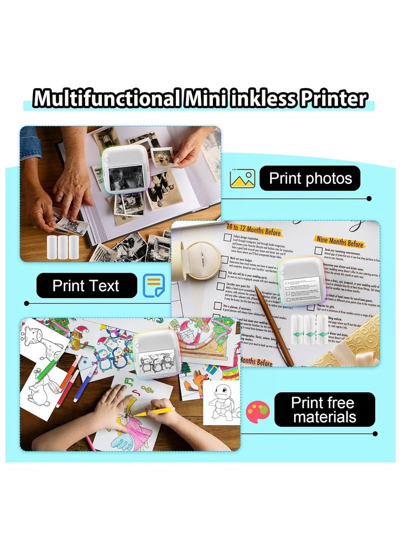Mini Sticker Printer, with Rgb Light Pocket Inkless Thermal Printer Fit for Ios&Android, Bluetooth Smart Portable(with 5 Color Pens+5 Rolls of Printing Paper + 5 Rolls of Self-Adhesive Paper) - Image 4