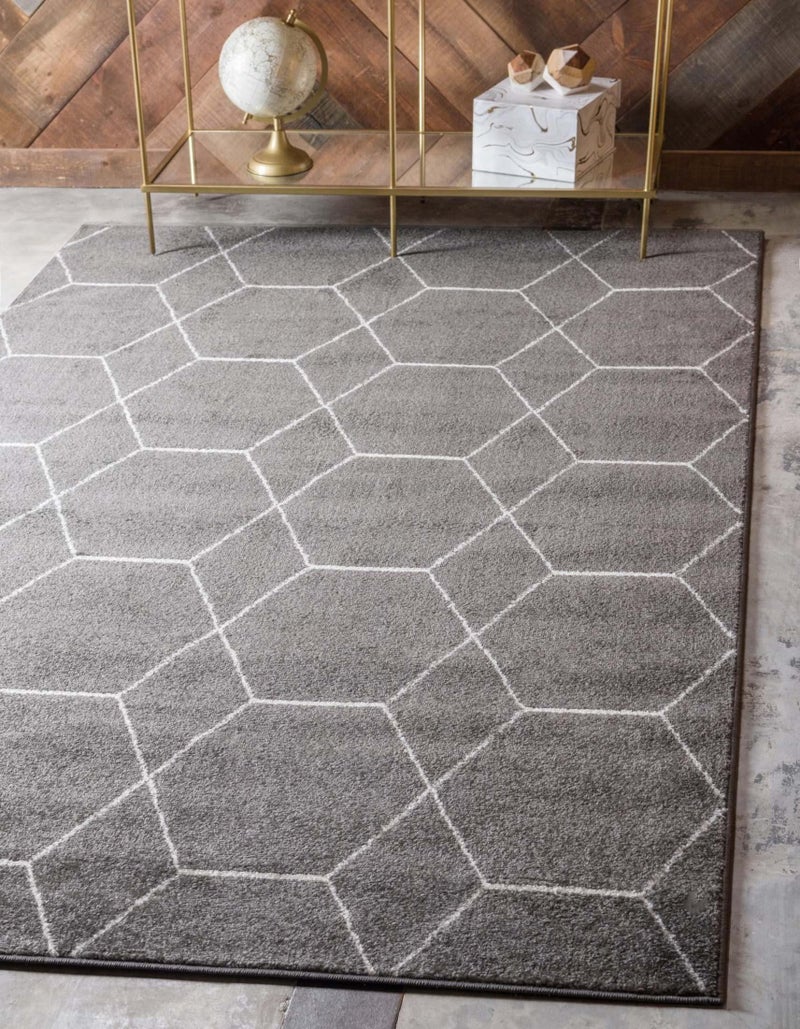 سجادة منطقة مجموعة تريليس فريز من يونيك لوم هندسية 6 1 × 9 مستطيلة رمادي داكن/عاجي