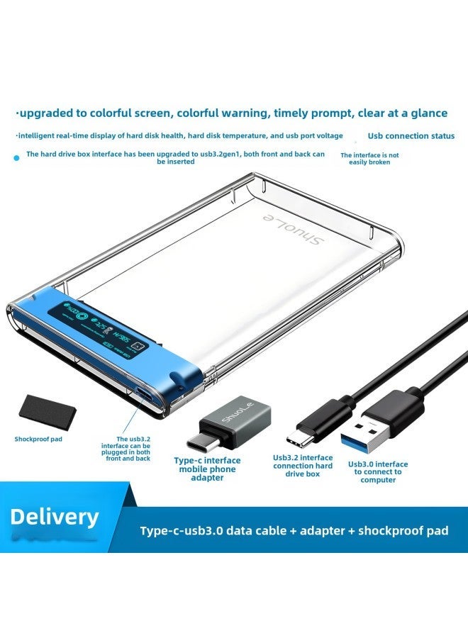Digital Computer/mobile Hard Drive Box Portable Hdd Case Enclosure Usb 3.0 Type-c Supports Sata I/ii/iii Ssd 2.5/3.5 Inch-Color:U25TY3.1-P-AC Adapter Color Screen Light Blue  - Image 1