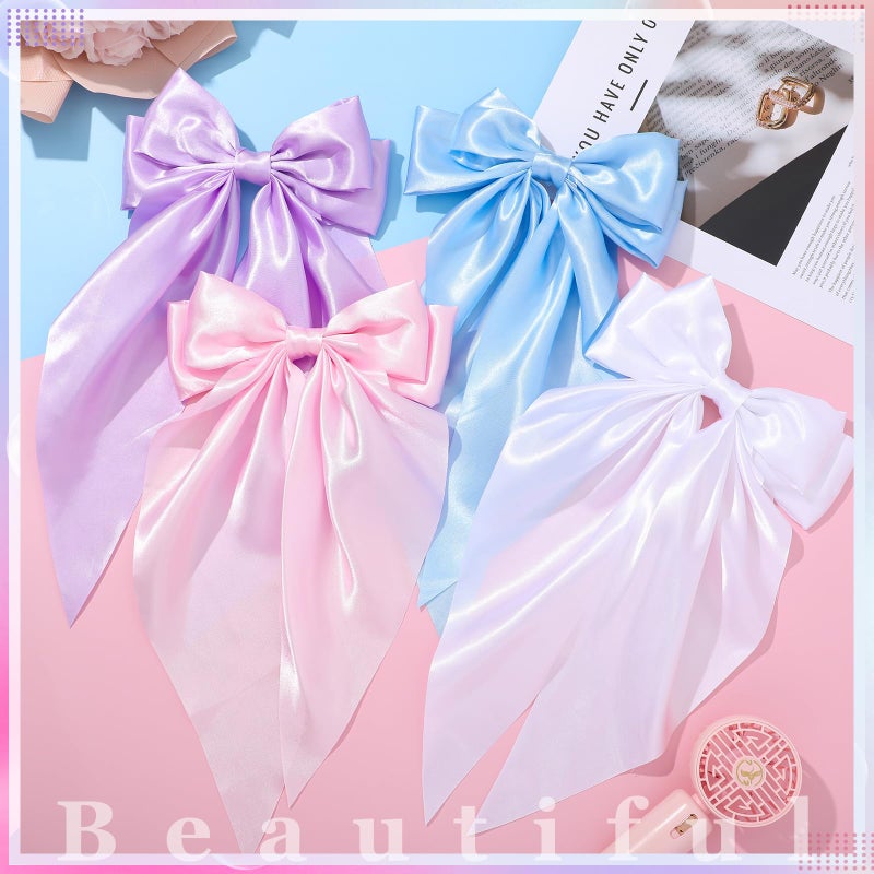 ProSuites 4 Pcs Satin Bow Hair Ribbon - Long Tail Bow Hair Clips in Pink, White, Blue, Purple - Perfect for Girls & Women - Birthday & Wedding - Image 2
