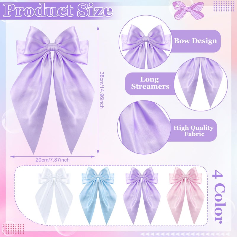 ProSuites 4 Pcs Satin Bow Hair Ribbon - Long Tail Bow Hair Clips in Pink, White, Blue, Purple - Perfect for Girls & Women - Birthday & Wedding - Image 4