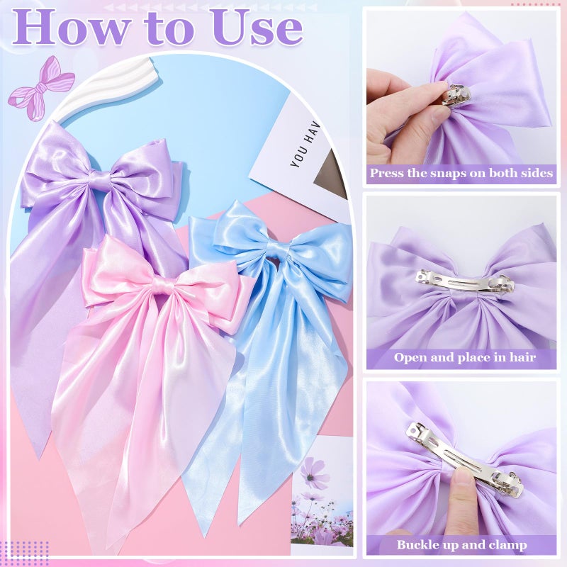 ProSuites 4 Pcs Satin Bow Hair Ribbon - Long Tail Bow Hair Clips in Pink, White, Blue, Purple - Perfect for Girls & Women - Birthday & Wedding - Image 5