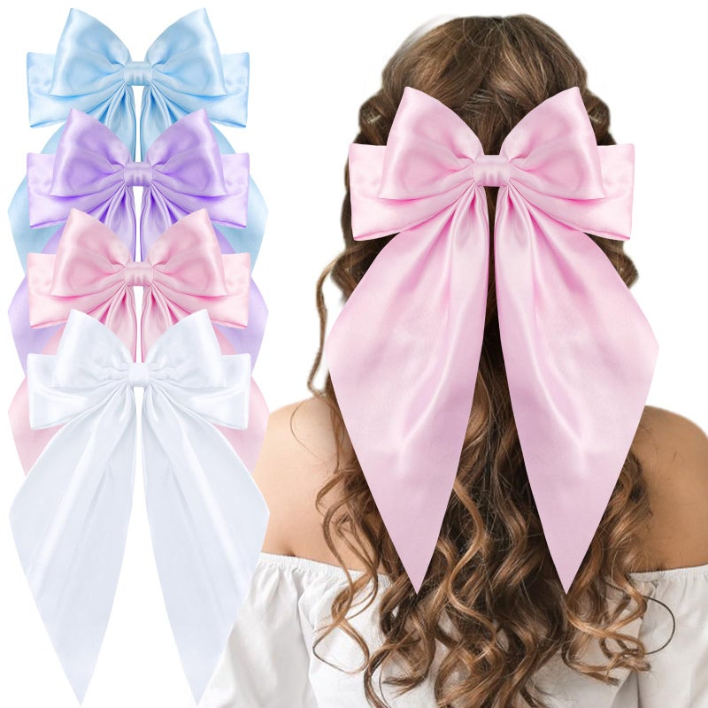 ProSuites 4 Pcs Satin Bow Hair Ribbon - Long Tail Bow Hair Clips in Pink, White, Blue, Purple - Perfect for Girls & Women - Birthday & Wedding - Image 1