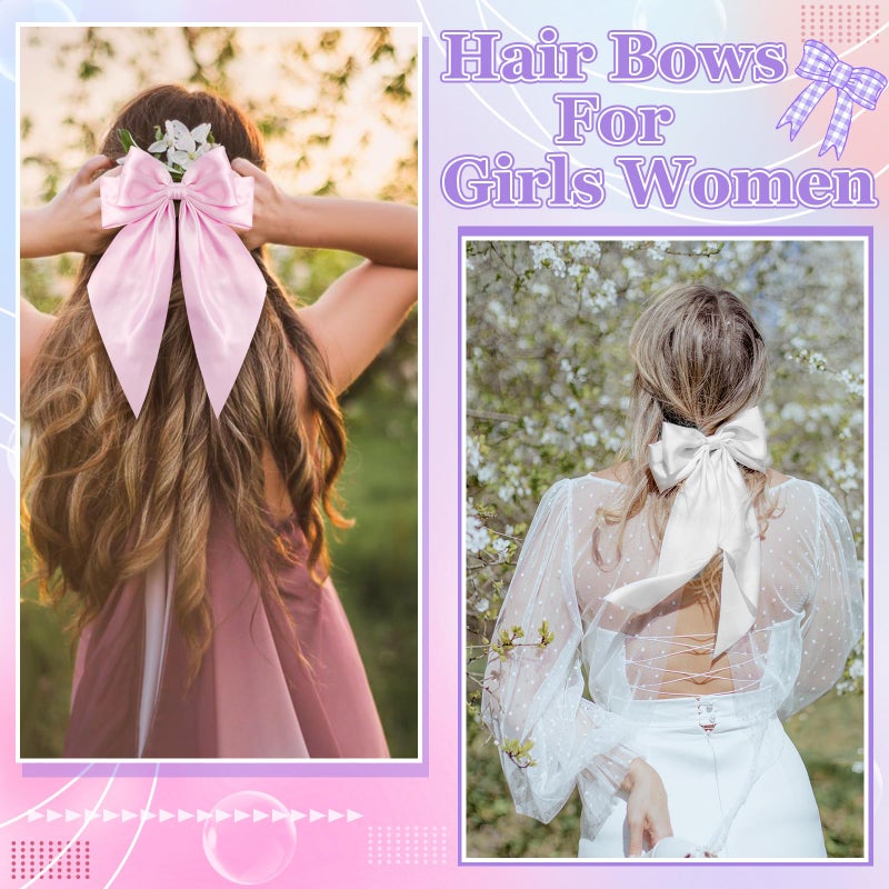 ProSuites 4 Pcs Satin Bow Hair Ribbon - Long Tail Bow Hair Clips in Pink, White, Blue, Purple - Perfect for Girls & Women - Birthday & Wedding - Image 3
