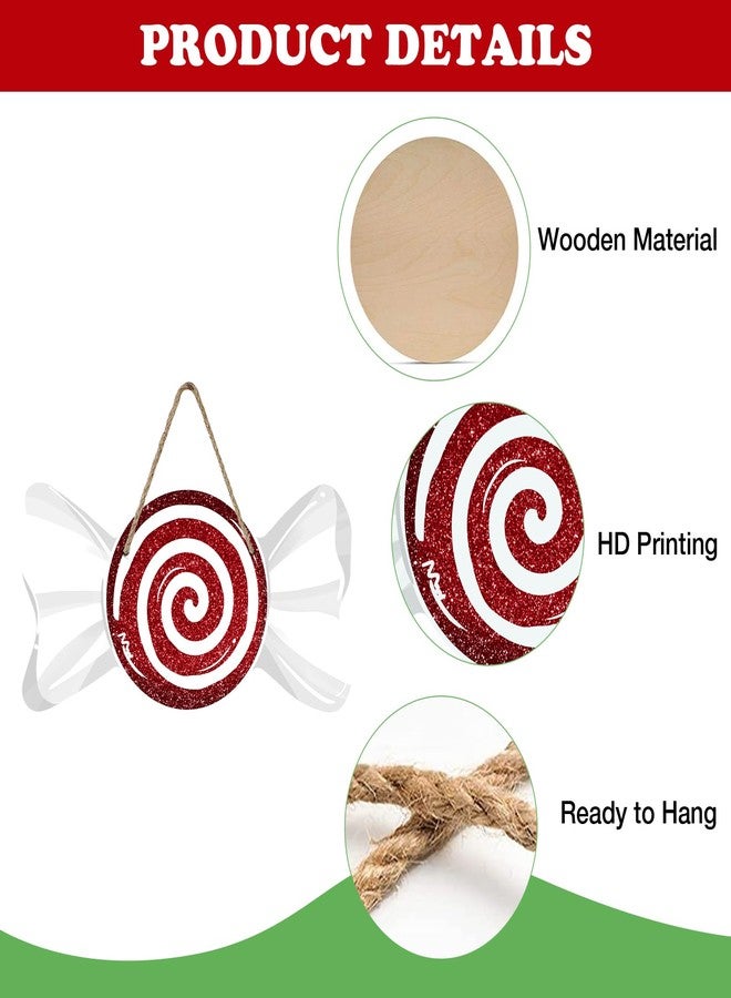 Bolisom Christmas Red Peppermint Candy Front Door Sign, Xmas Glitter White Wrapper Wood Hanger Outdoor Outside Porch Home Decor, Winter Holiday Wooden Wreath Indoor Wall Hanging Decoration - Image 3