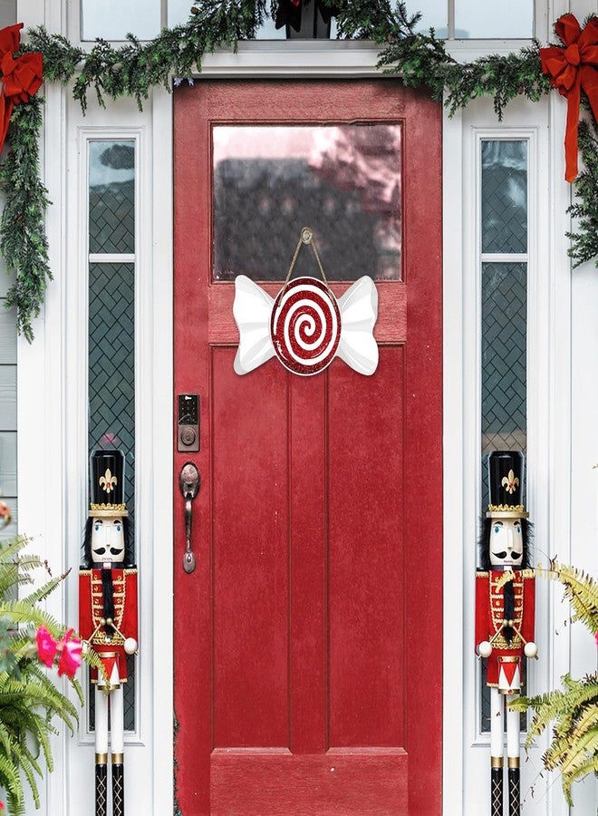 Bolisom Christmas Red Peppermint Candy Front Door Sign, Xmas Glitter White Wrapper Wood Hanger Outdoor Outside Porch Home Decor, Winter Holiday Wooden Wreath Indoor Wall Hanging Decoration - Image 4